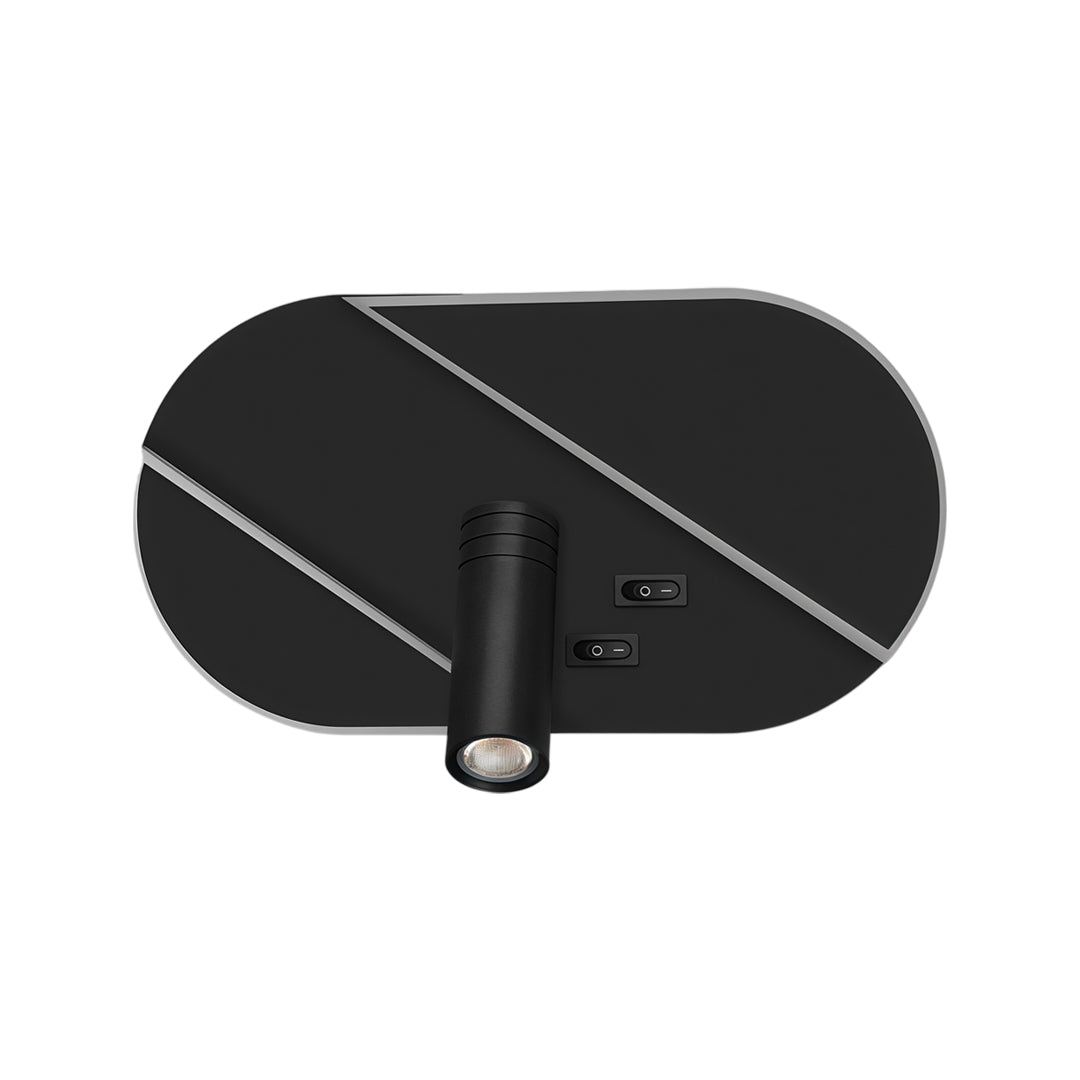 Oval black wall light with reading light featuring adjustable spotlight and modern minimalist styling.