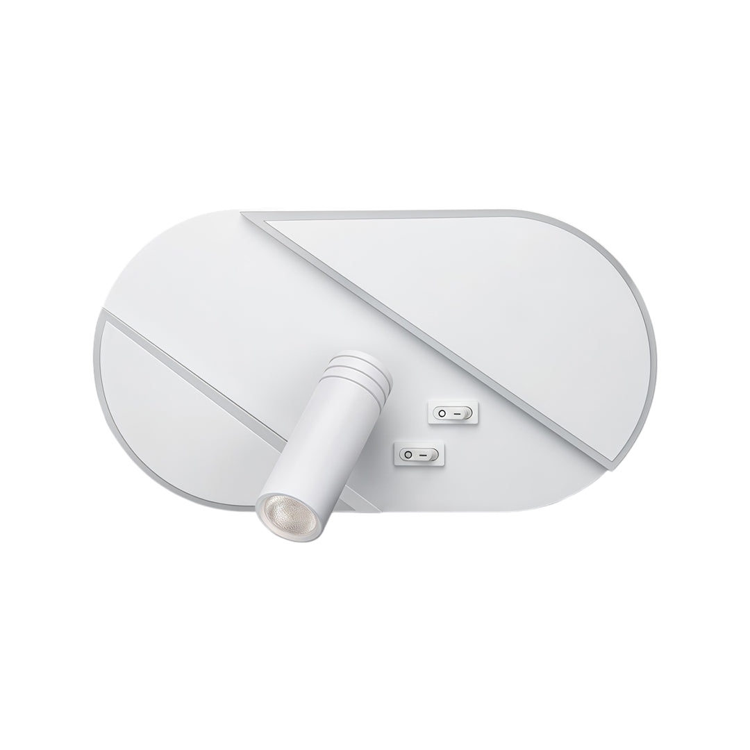 White oval wall light with reading light designed with integrated LED strip and adjustable spotlight.