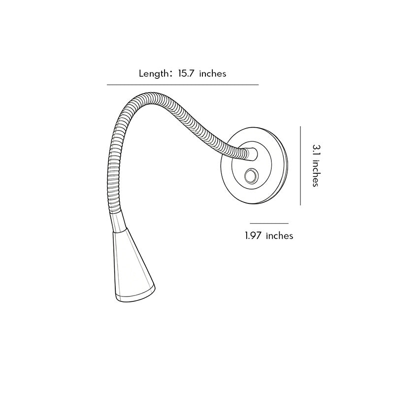 Technical dimensions drawing of wall light with swing arm for bedside installation.