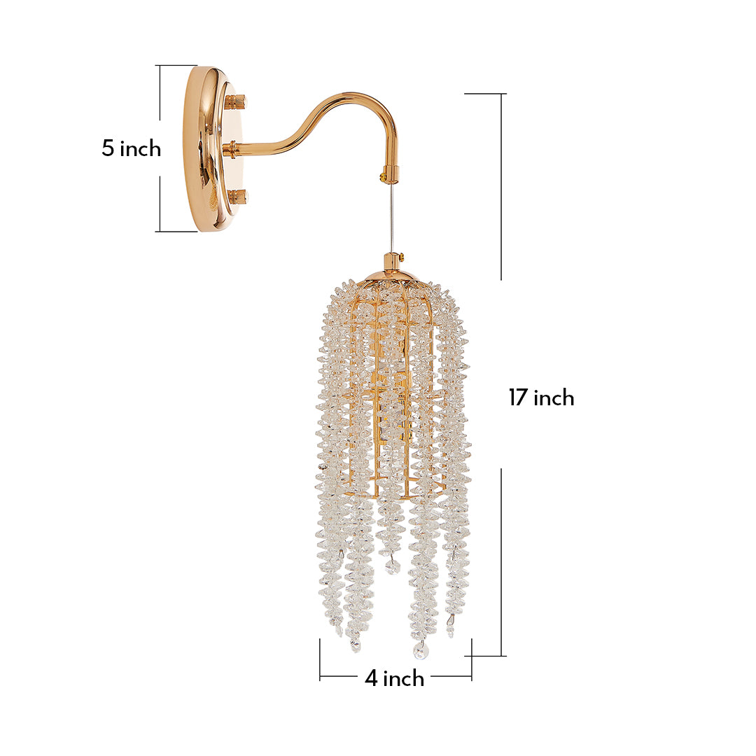 Wall lights with crystals and glass shade chandelier design featuring gold finish curved arm and cascading crystal droplets.