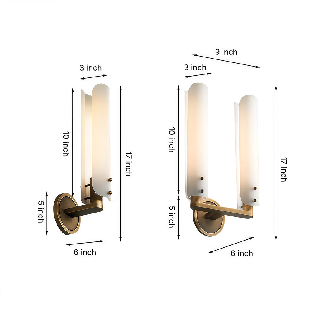 Wall lights with glass shades showing two fixture options with brass hardware and dimension measurements on white background.