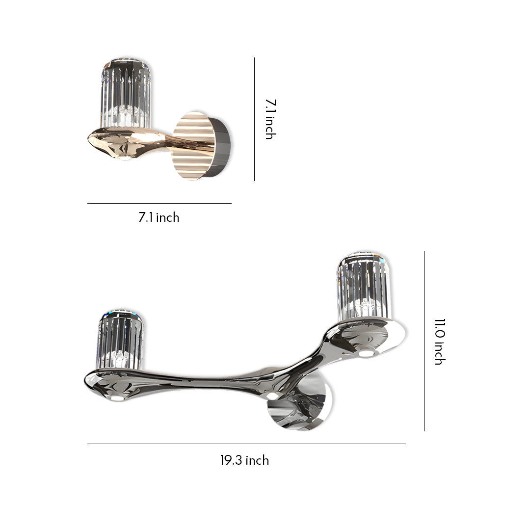 Multiple wall lights with crystals featuring articulated brass arms and prismatic glass shades in various configurations