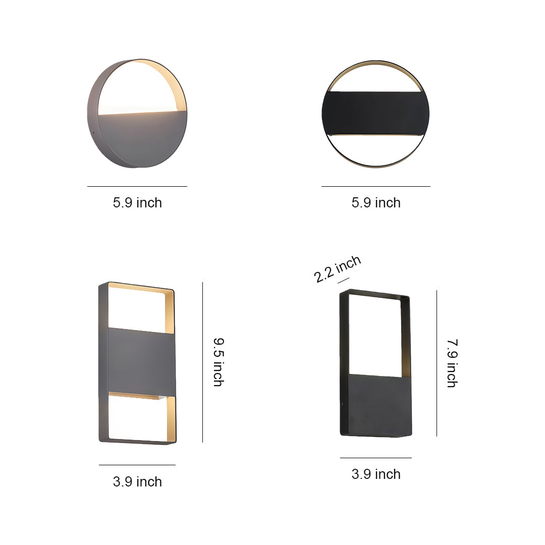 Wall mount exterior light collection with glass shade chandelier inspired design showing round and rectangular options in black finish.