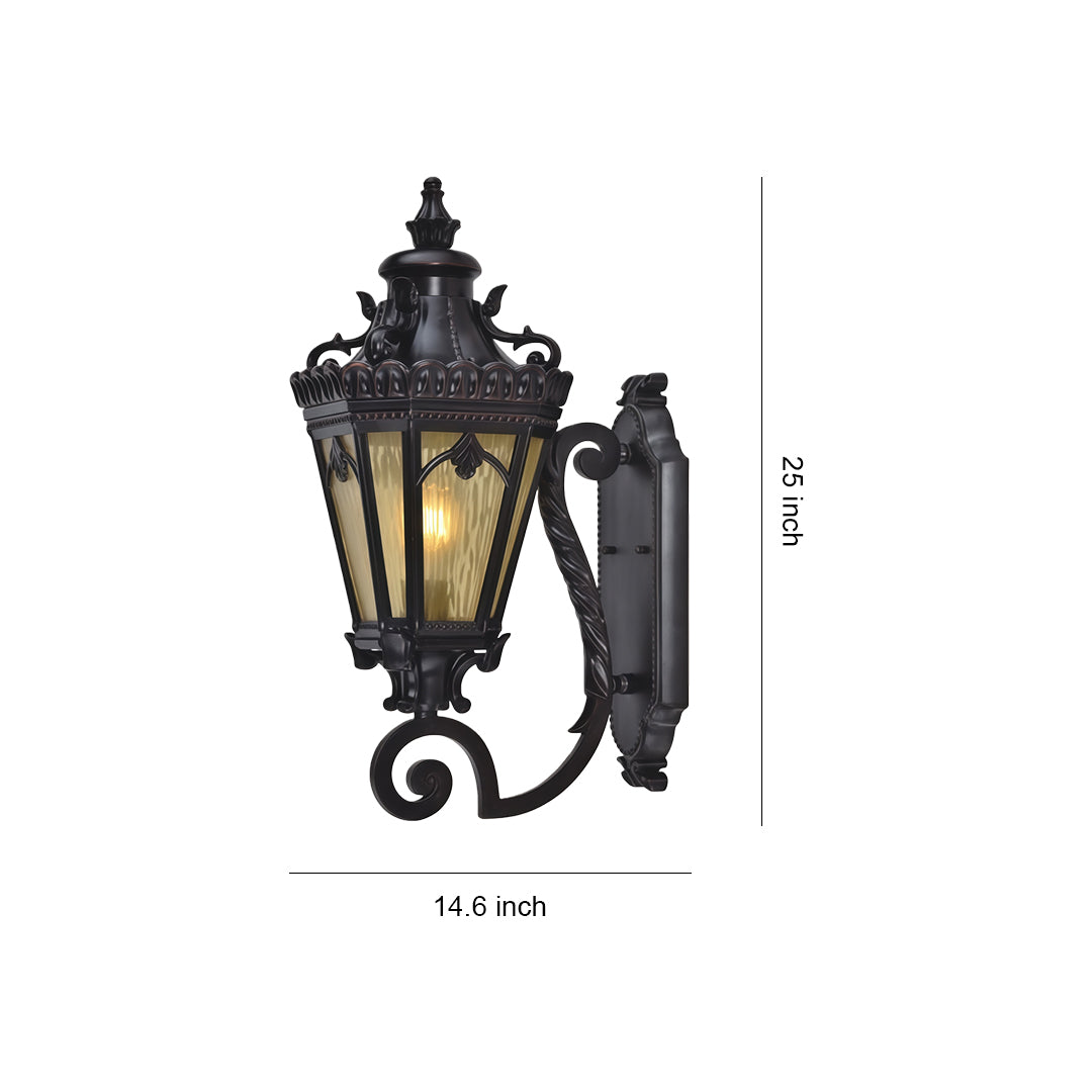 Wall mount light outdoor with ornate Victorian scrollwork and amber glass in black finish, shown with dimensions