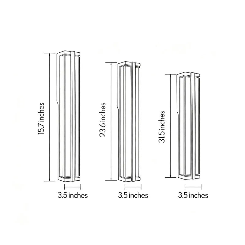Wall mount outdoor lighting dimension drawing with multiple fixture size options for exterior installation.