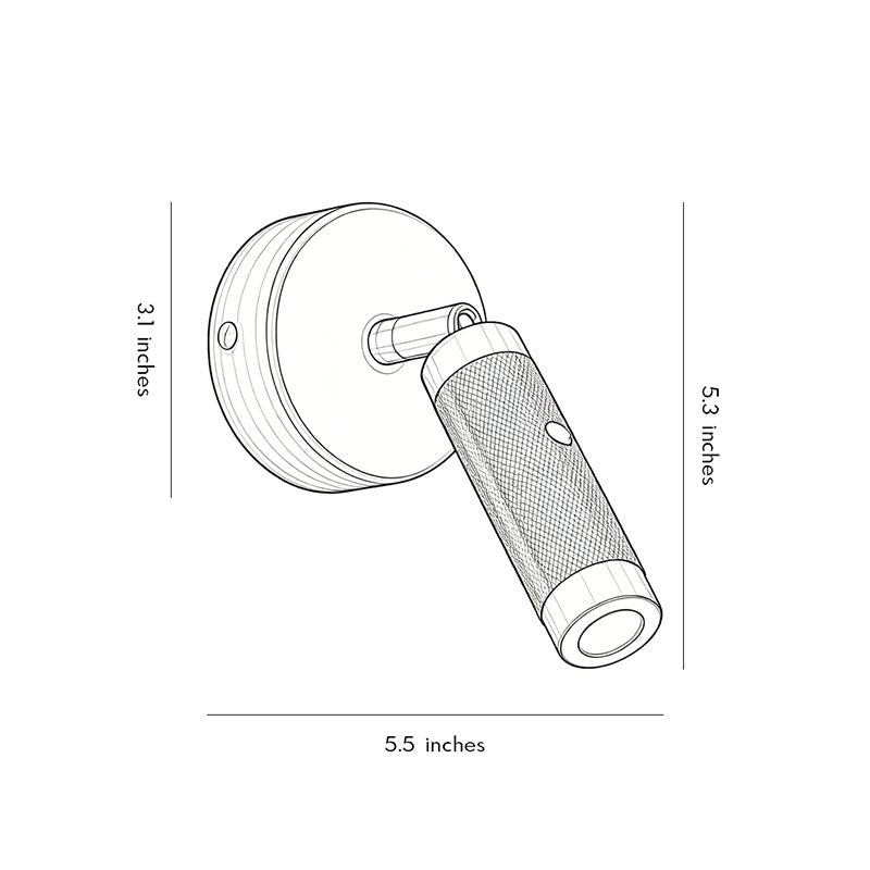 Dimension drawing of wall mount reading light showing measurements for adjustable wall lamp installation.