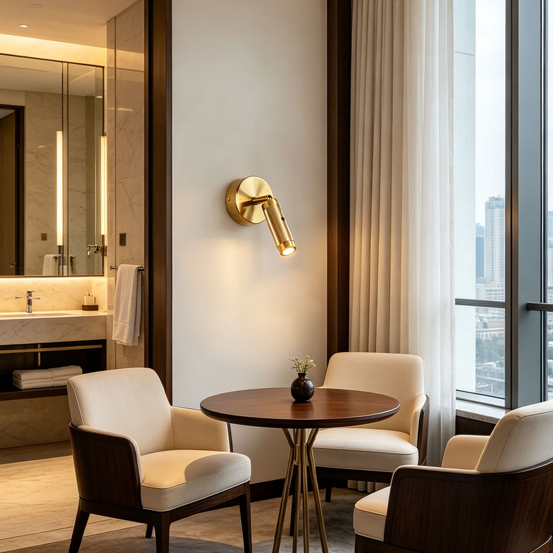 Stylish wall mount reading light installed beside lounge seating with warm focused ambient lighting.