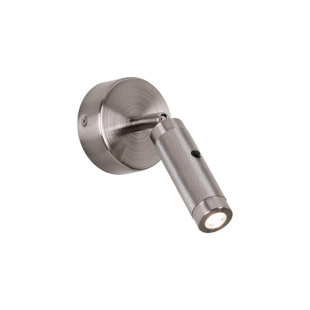 Silver wall mount reading light featuring adjustable LED spotlight and brushed metallic finish design.