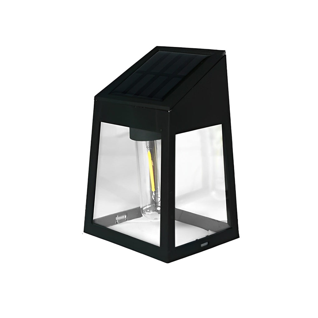 Wall mount solar lantern with a black finish and illuminated glass for ambient lighting.