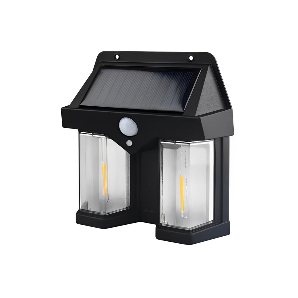 Wall mount solar lantern with a black finish and illuminated bulb for garden spaces.