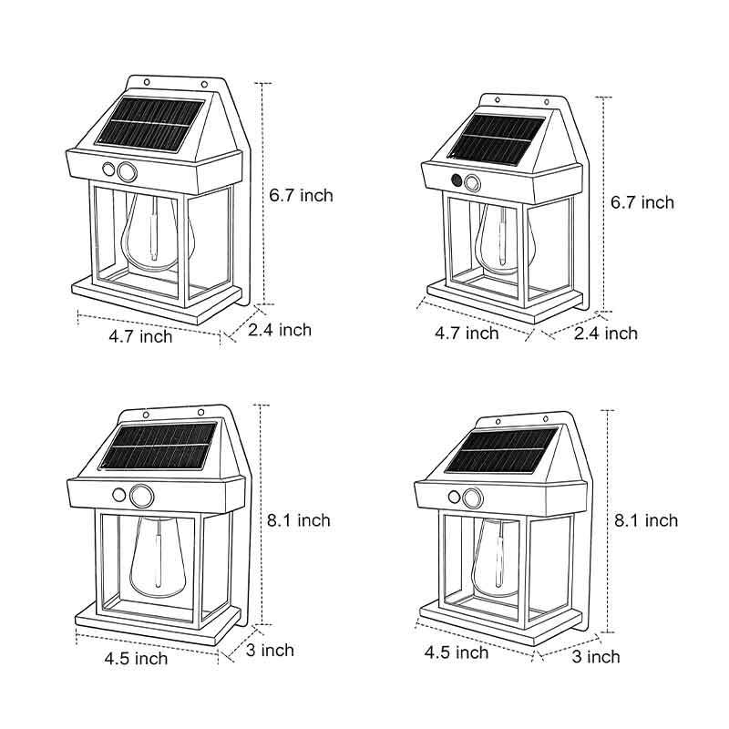 Wall mount solar lantern with a black metal frame and solar panel for outdoor illumination.