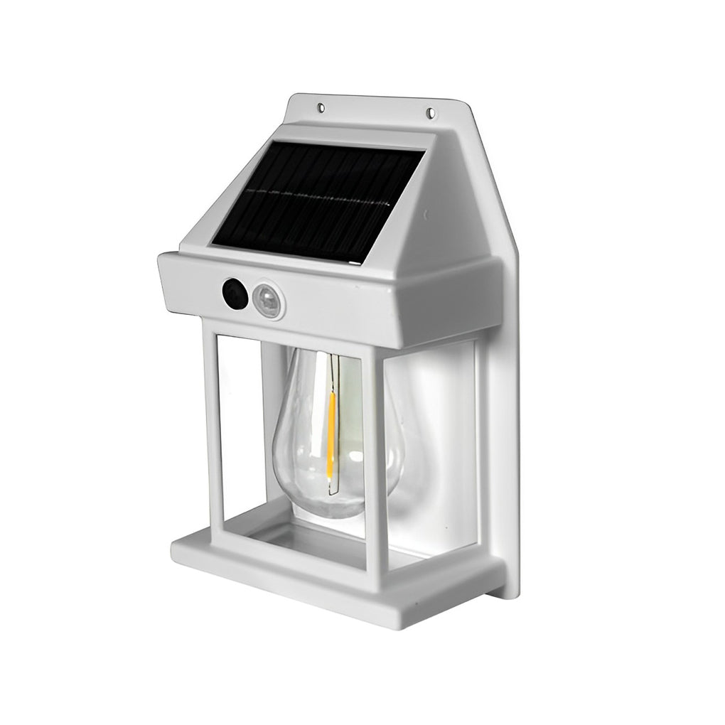 Wall mount solar lantern with a black metal frame and solar panel for pathways.