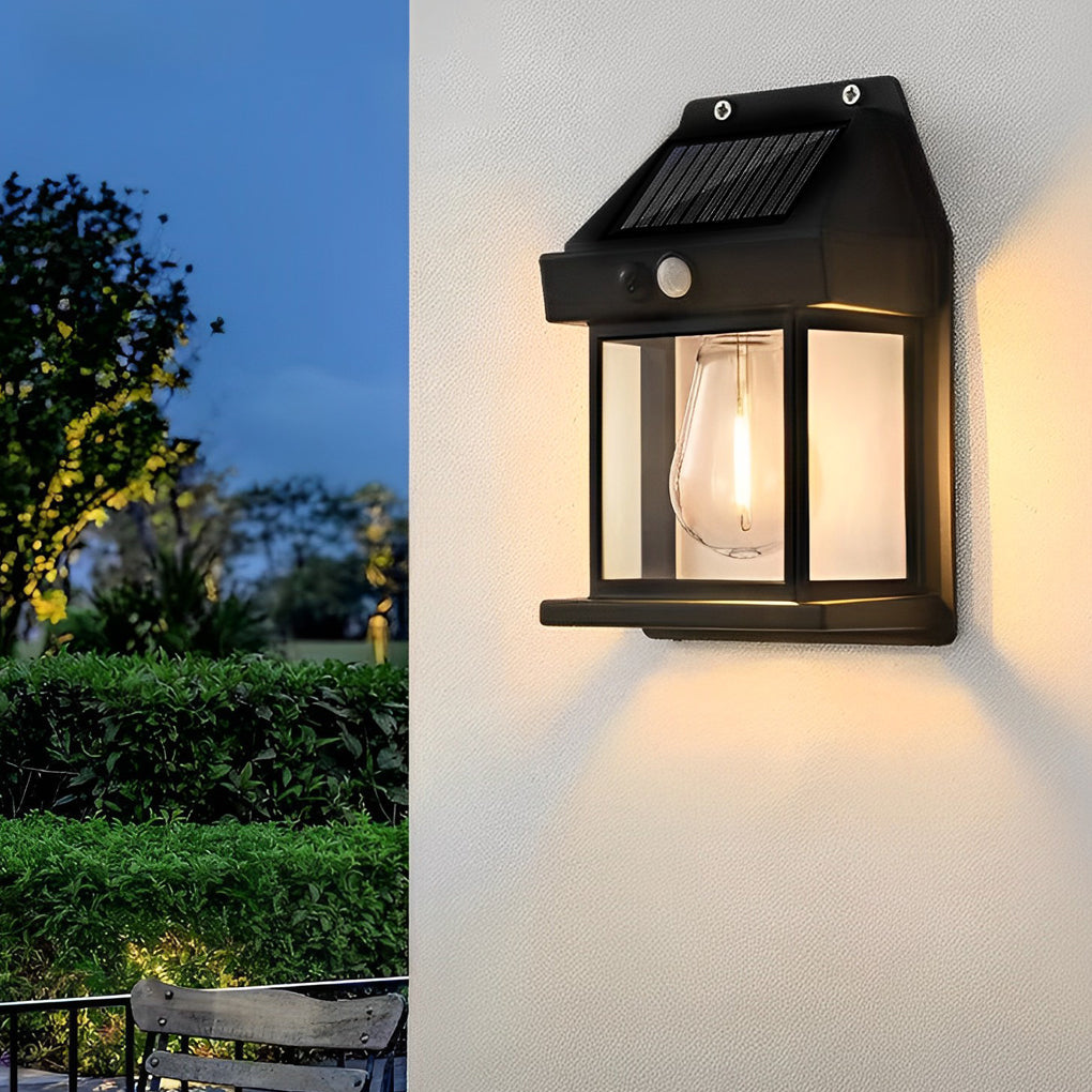 Wall mount solar lantern with a classic design and illuminated glass for outdoor walls.