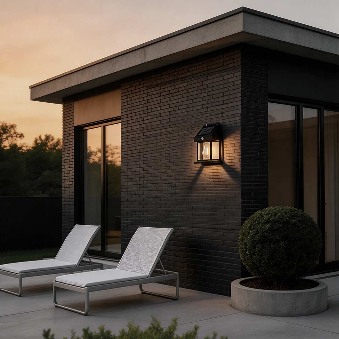 Wall mount solar lantern installed on a modern house exterior with warm light at dusk.