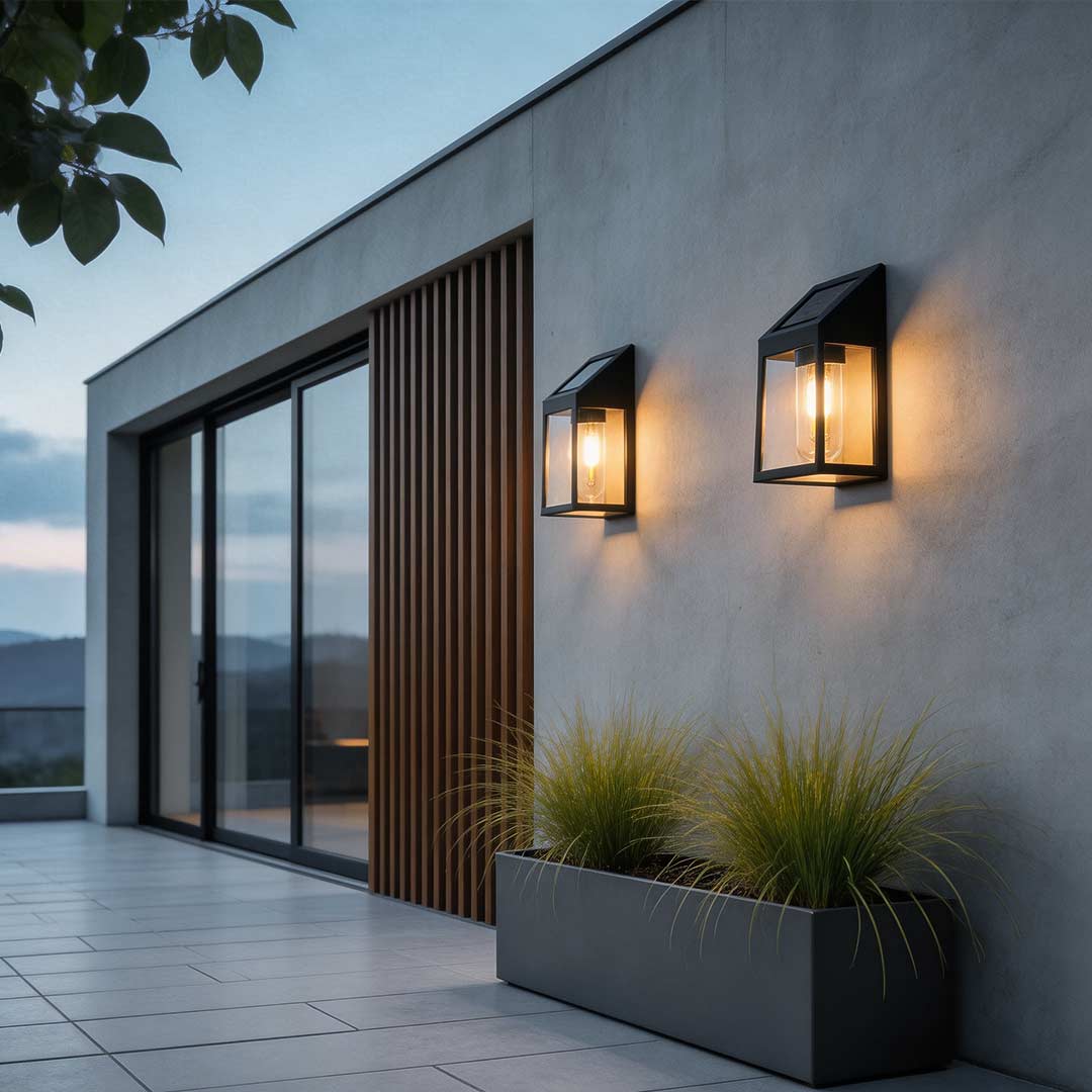 Elegant wall mount solar lantern mounted beside a sliding glass door on a patio.