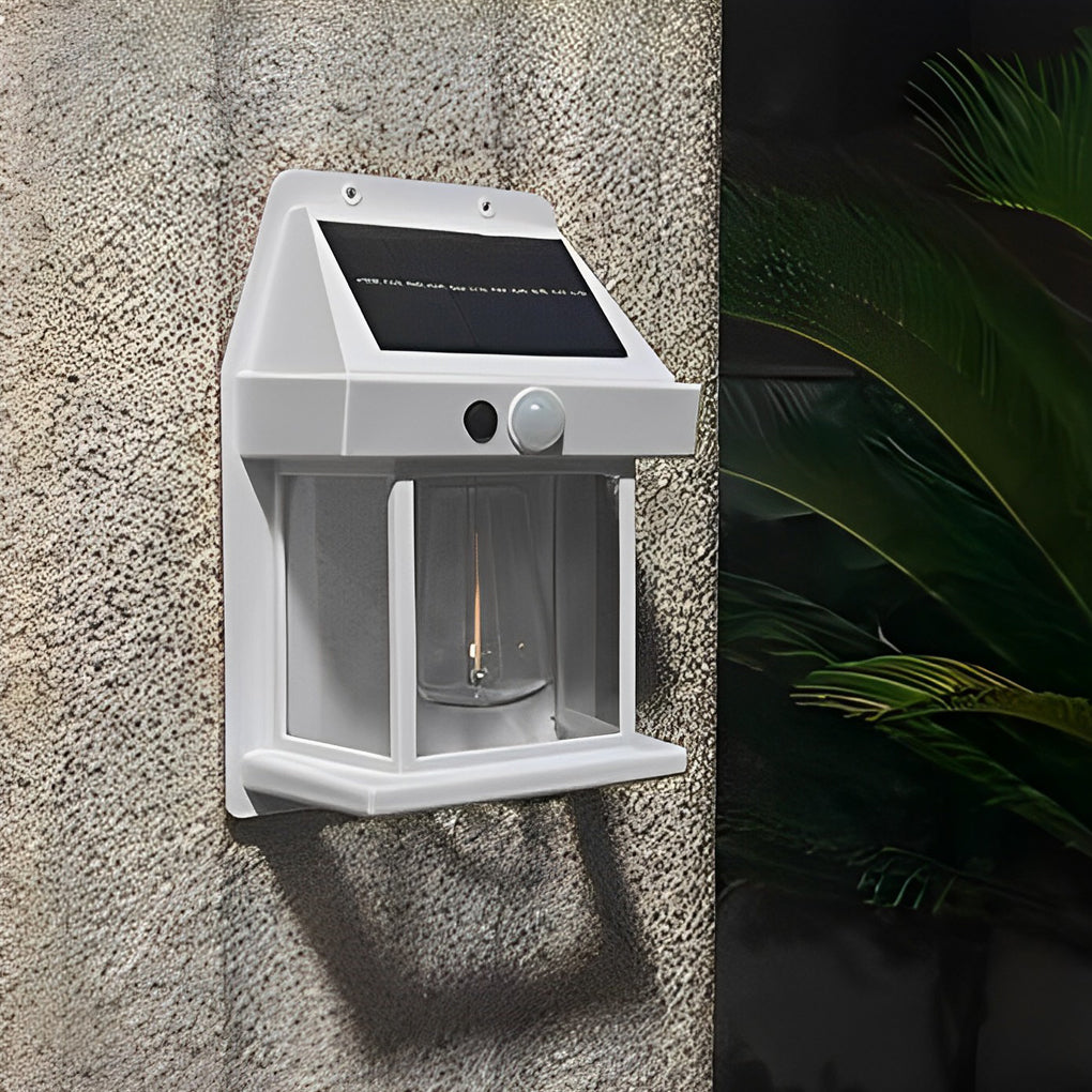 Wall mount solar lantern with a solar panel on top for eco-friendly outdoor lighting.