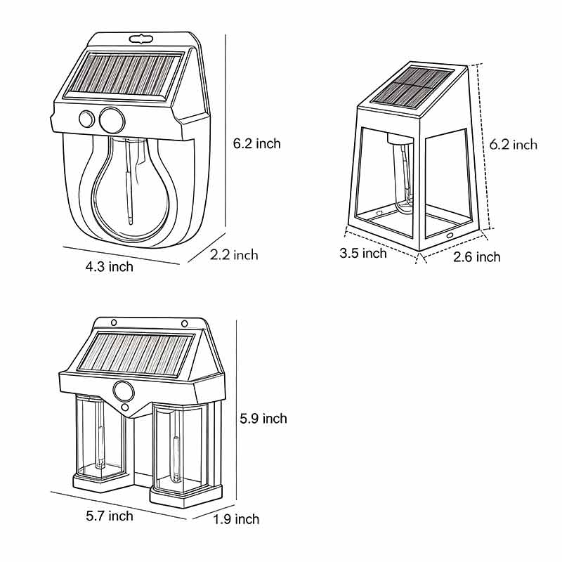 Technical diagram of wall mount solar lantern showing dimensions and installation details.