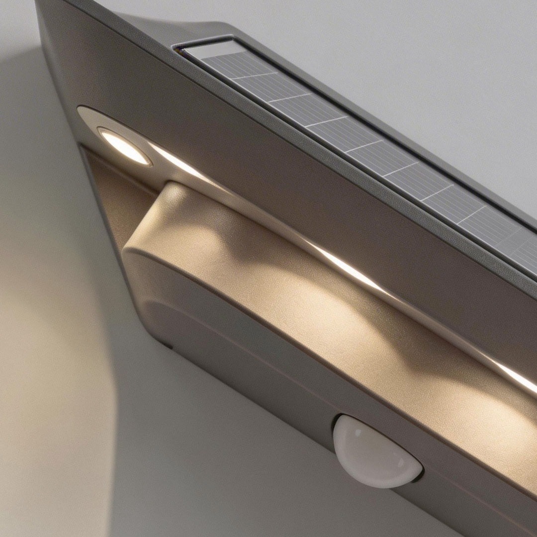 Close-up of wall mount solar lights outdoor showcasing its sleek design and warm light.