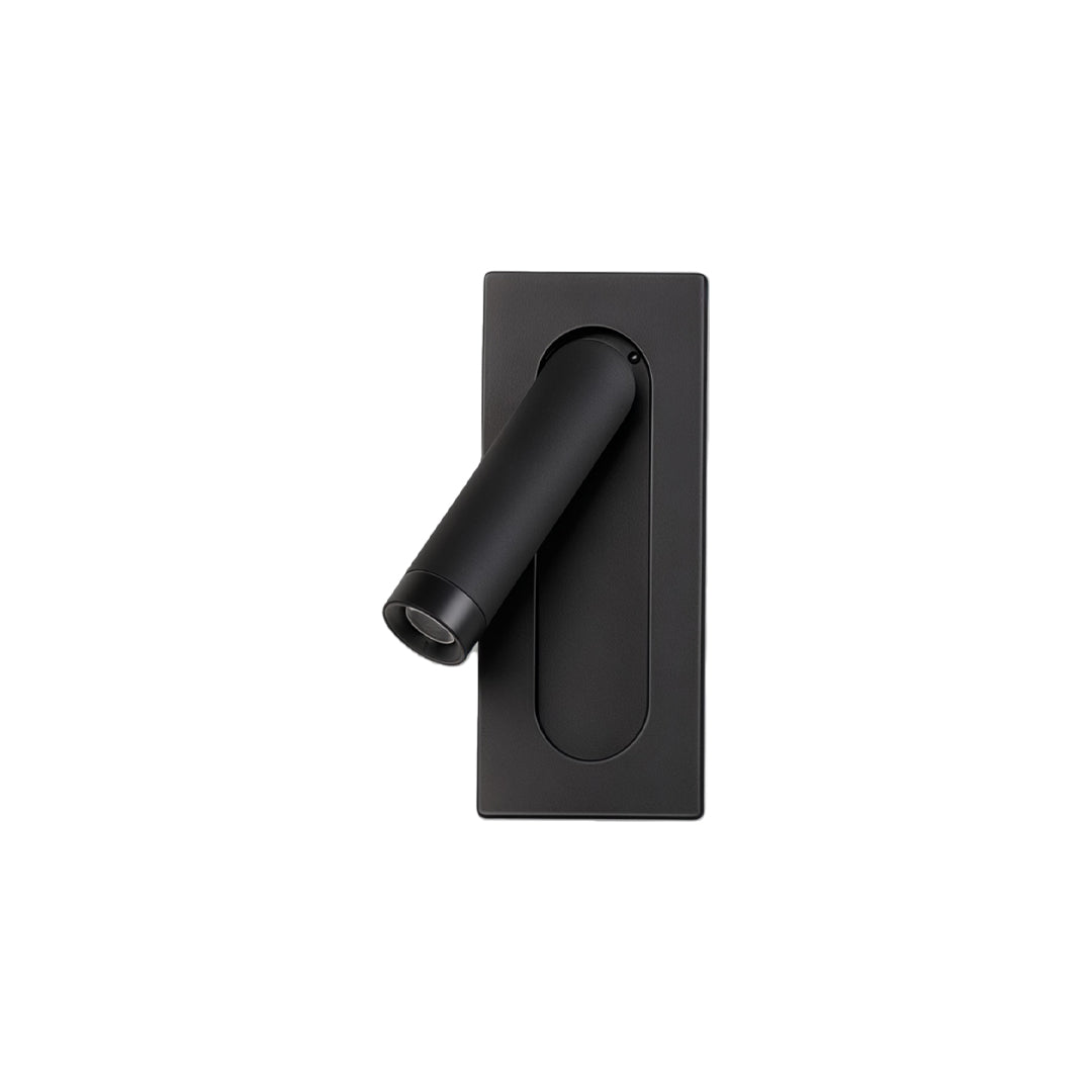 Detailed view of wall mount spot lights featuring matte black finish and integrated red switch button.