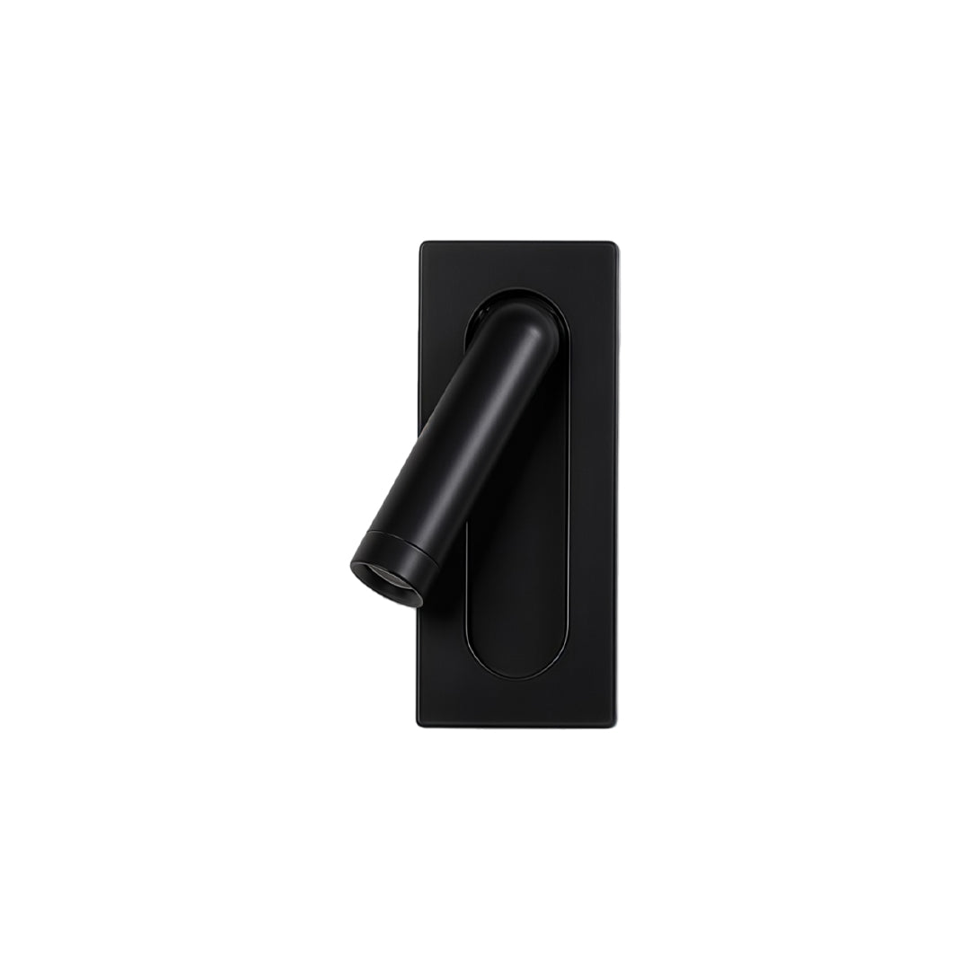 Minimalist black wall mount spot lights with slim rectangular backplate and angled spotlight design.