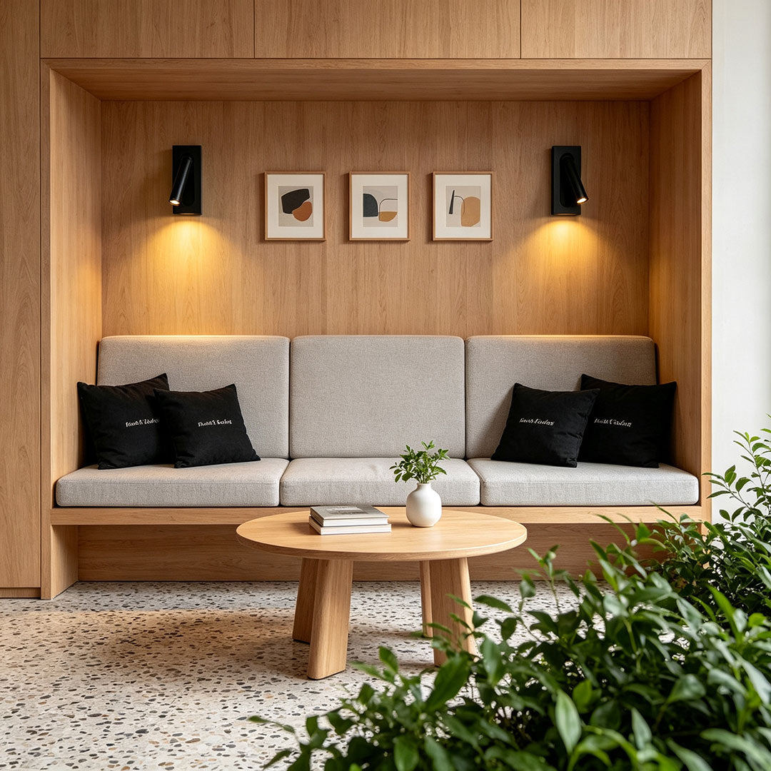 Stylish wall mount spot lights installed above seating nook with warm LED illumination and wood paneling.