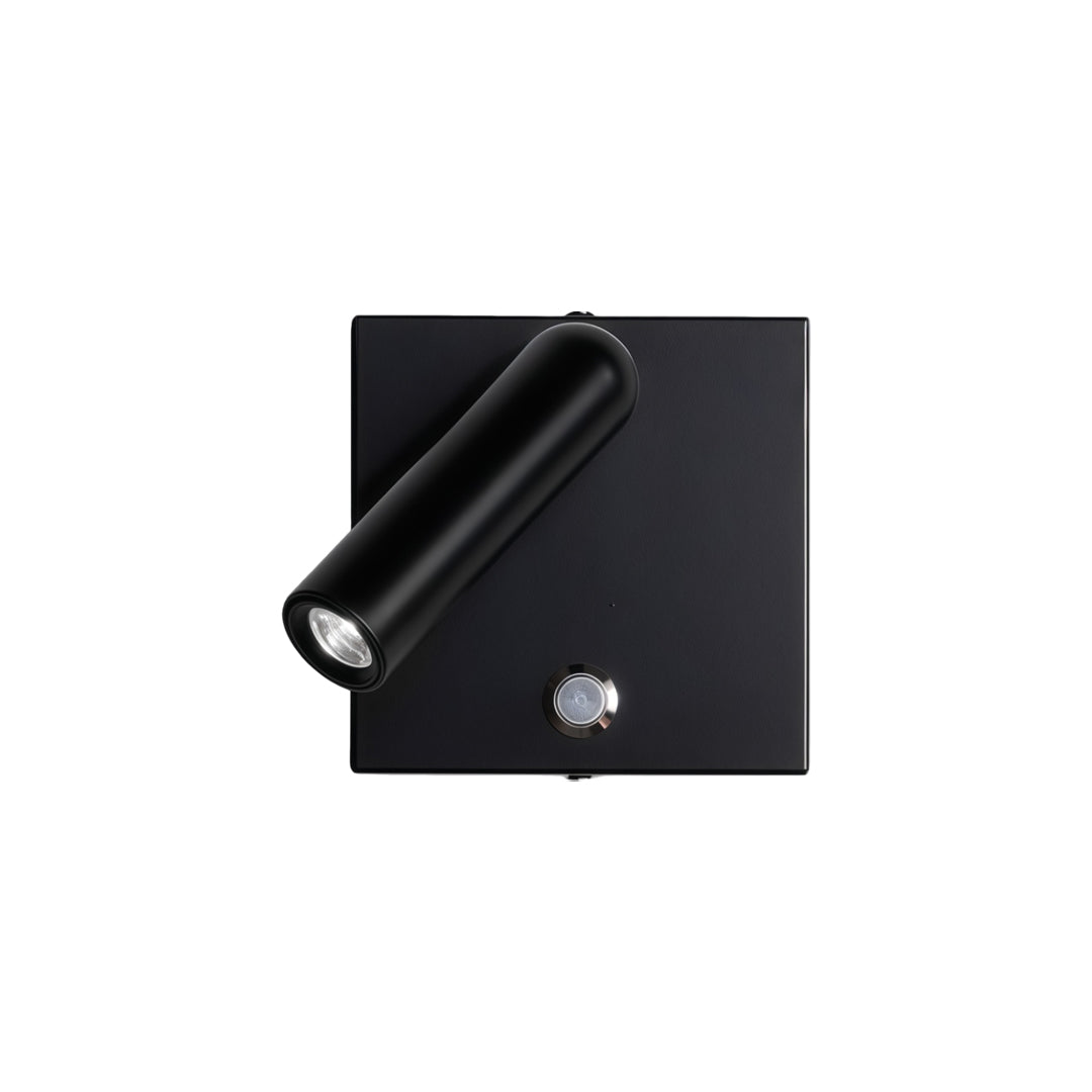 Modern black wall mountable reading light with adjustable cylindrical spotlight and square backplate.