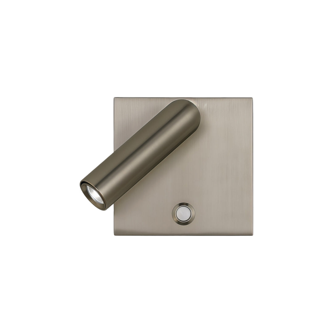 Brushed metal wall mountable reading light with adjustable spotlight and contemporary minimalist design.