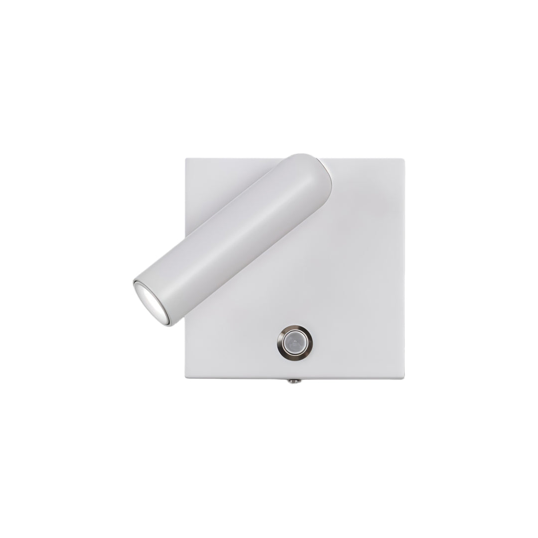 Minimalist white wall mountable reading light featuring angled spotlight and square wall mounting plate.