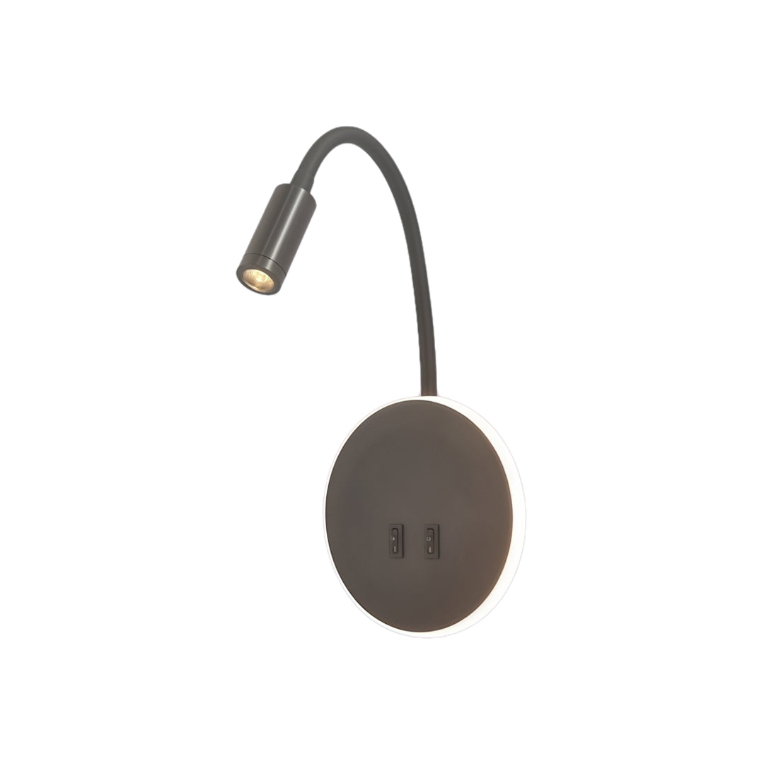 Modern black wall mounted bedside light with flexible reading arm and dual USB charging ports.