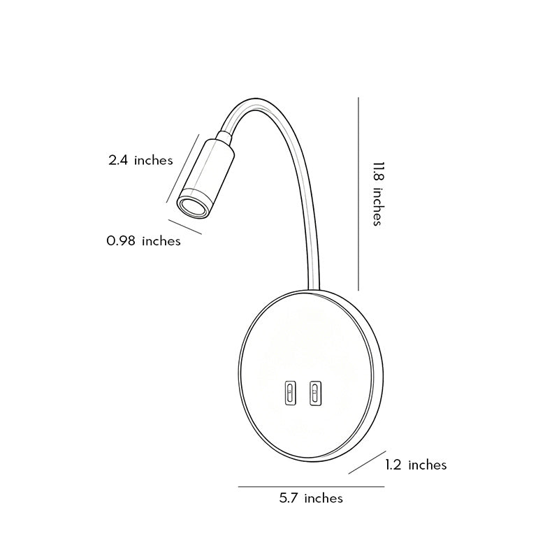 Dimension drawing of wall mounted bedside light showing measurements for flexible reading lamp installation.