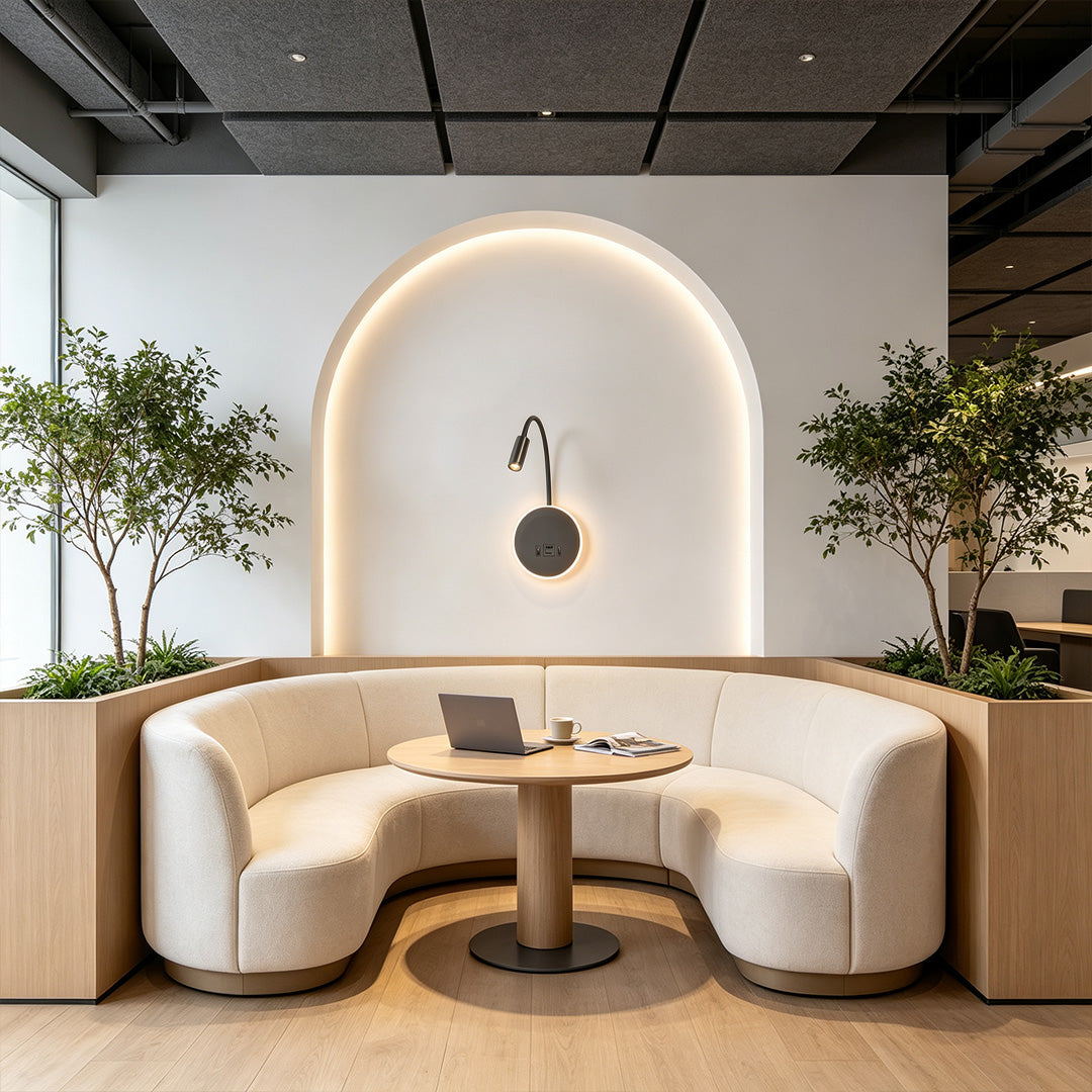 Stylish wall mounted bedside light illuminating modern lounge booth with soft ambient halo lighting.