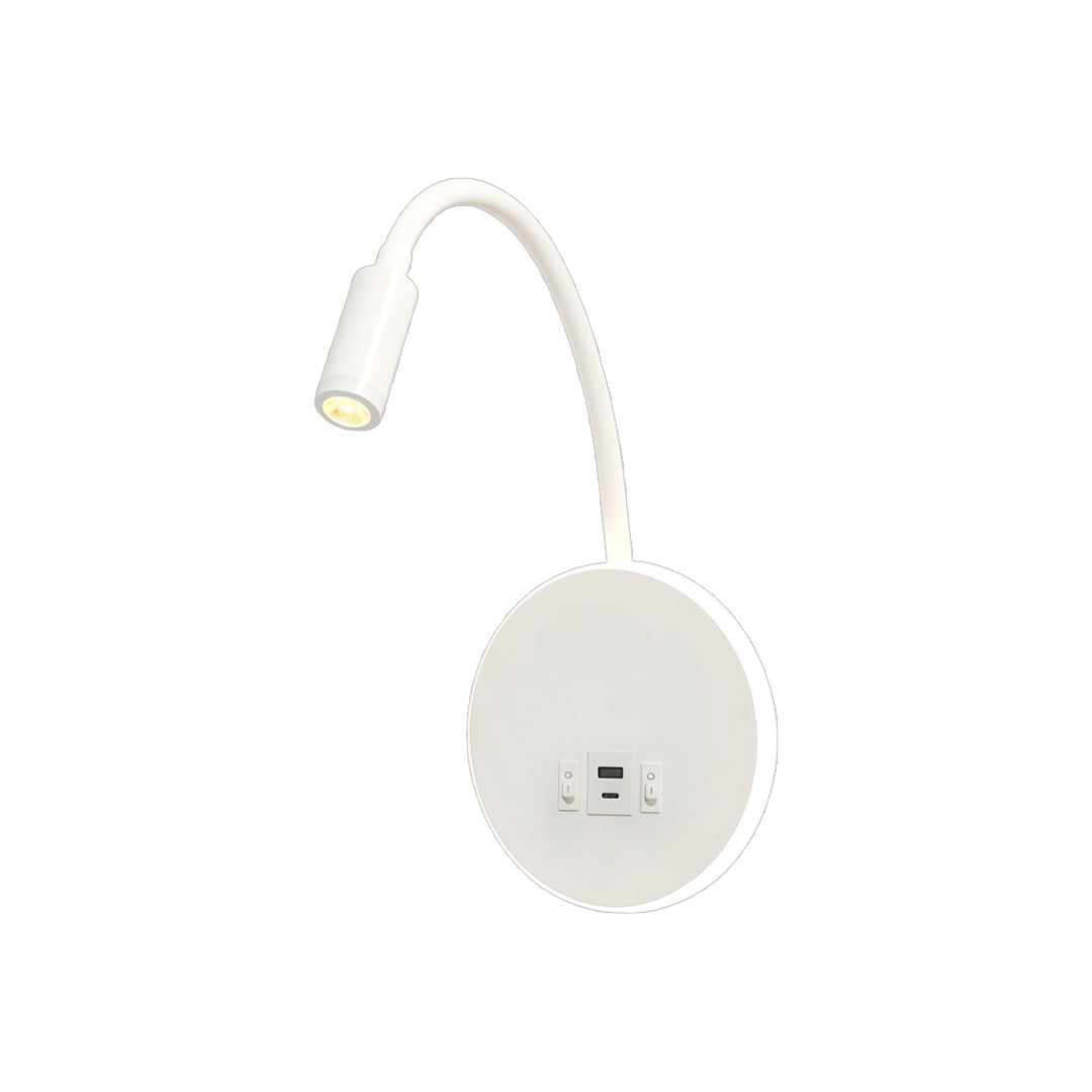 White wall mounted bedside light with adjustable gooseneck spotlight and minimalist circular backplate.