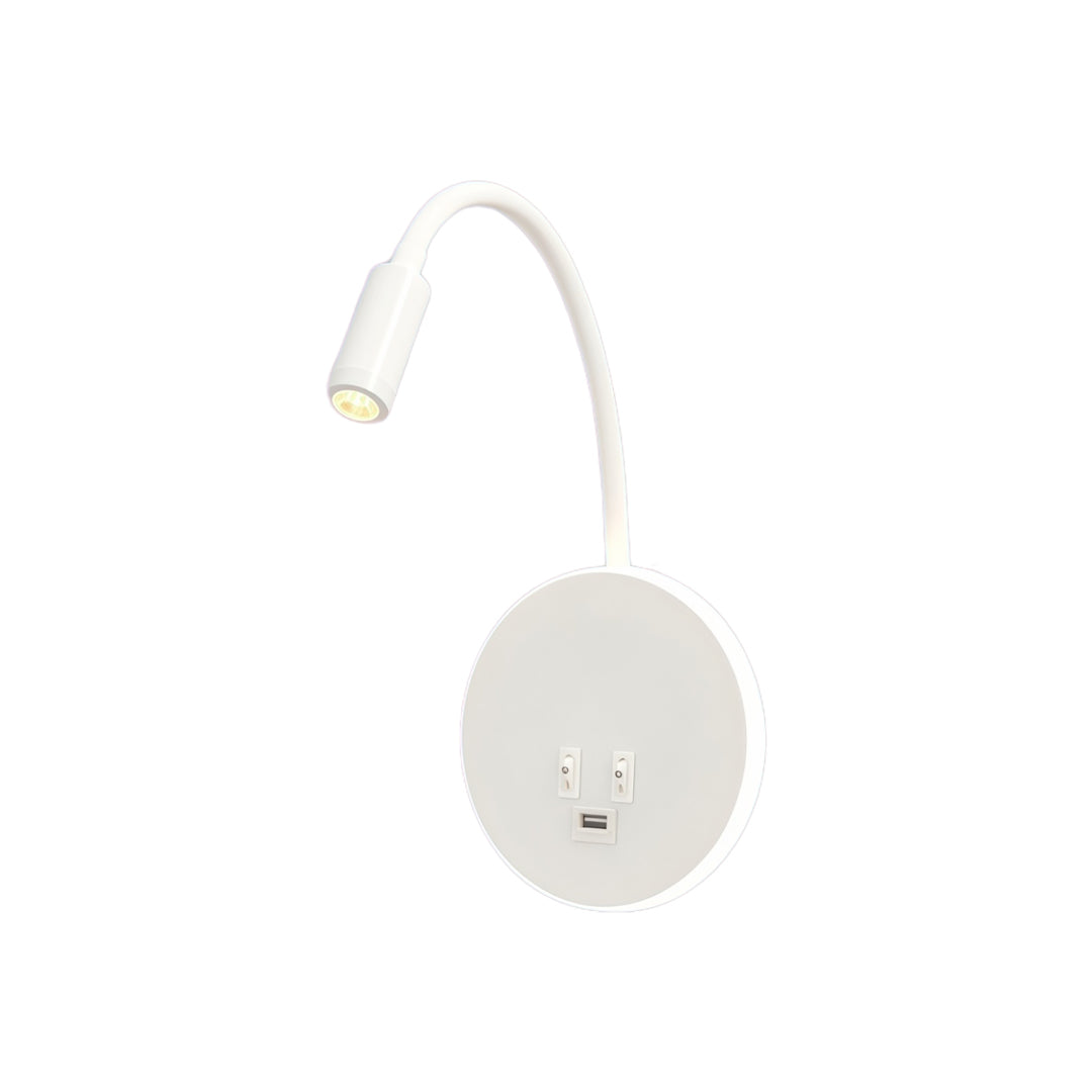Modern white wall mounted bedside light with circular backplate and flexible reading spotlight arm.