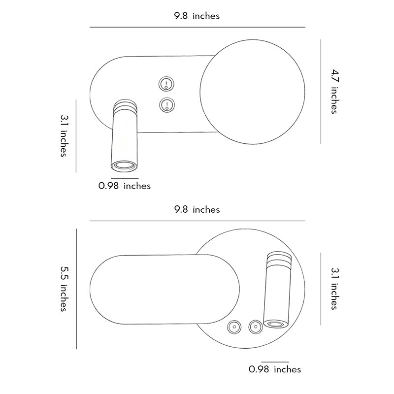 Dimension drawing of wall mounted bedside reading light showing size measurements for wall installation.