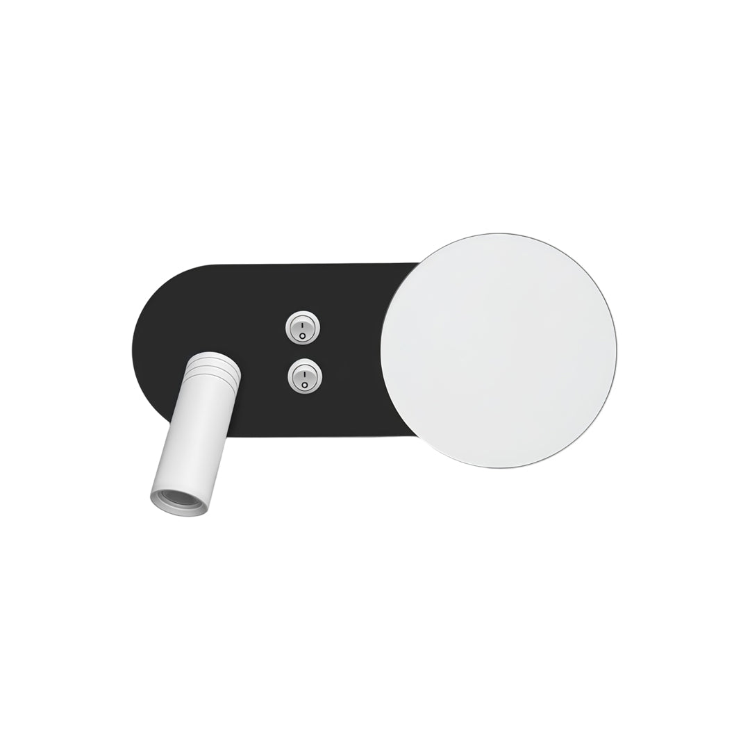 Oval black wall mounted bedside reading light featuring integrated LED panel and cylindrical spotlight.