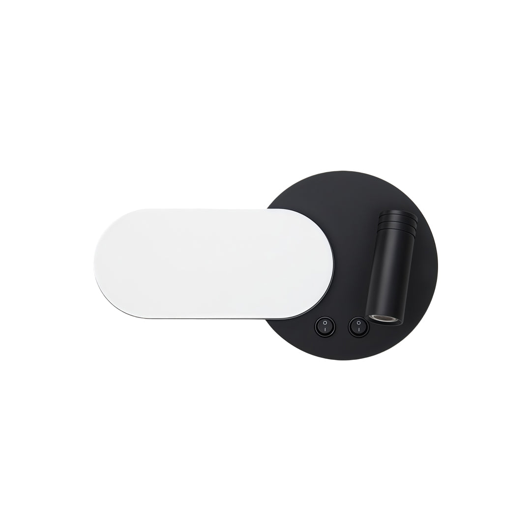 Oval white wall mounted bedside reading light with black cylindrical spotlight and LED panel.