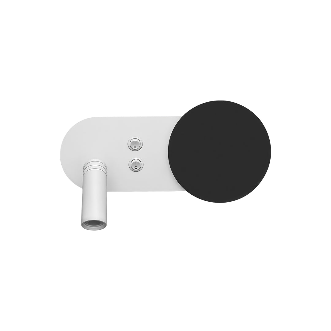 Oval white wall mounted bedside reading light with black cylindrical spotlight and modern LED panel.