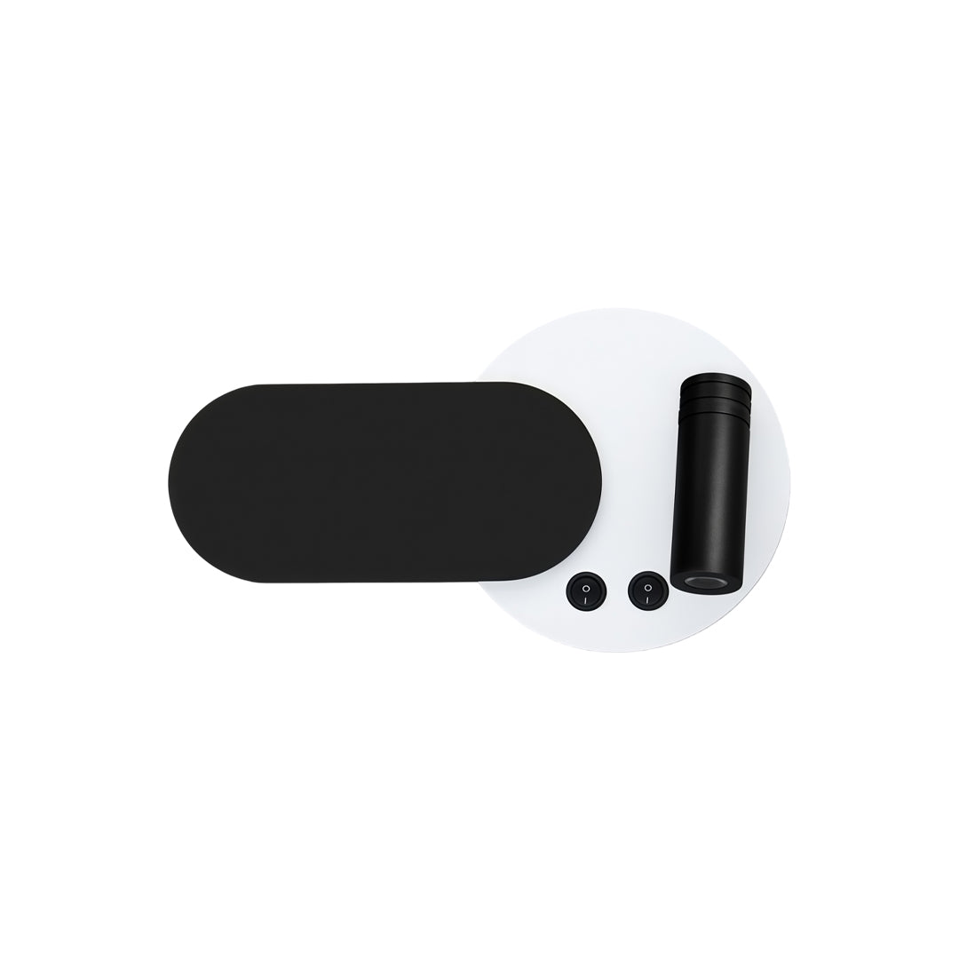 Round white wall mounted bedside reading light with sleek black circular accent and spotlight fixture.
