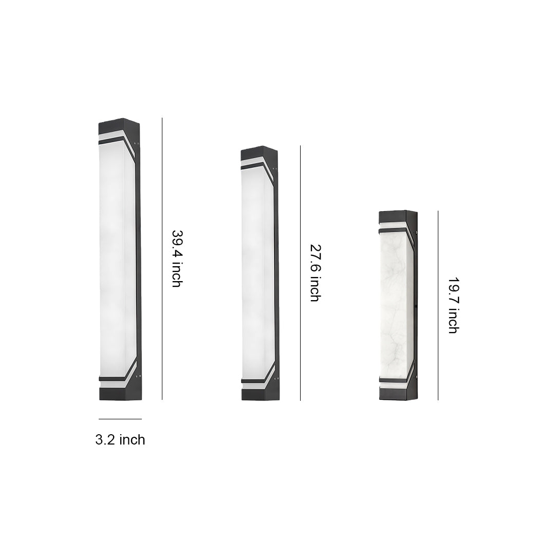 Wall mounted exterior lights with glass shade chandelier inspired design showing three sizes in vertical curved form with dimensions.