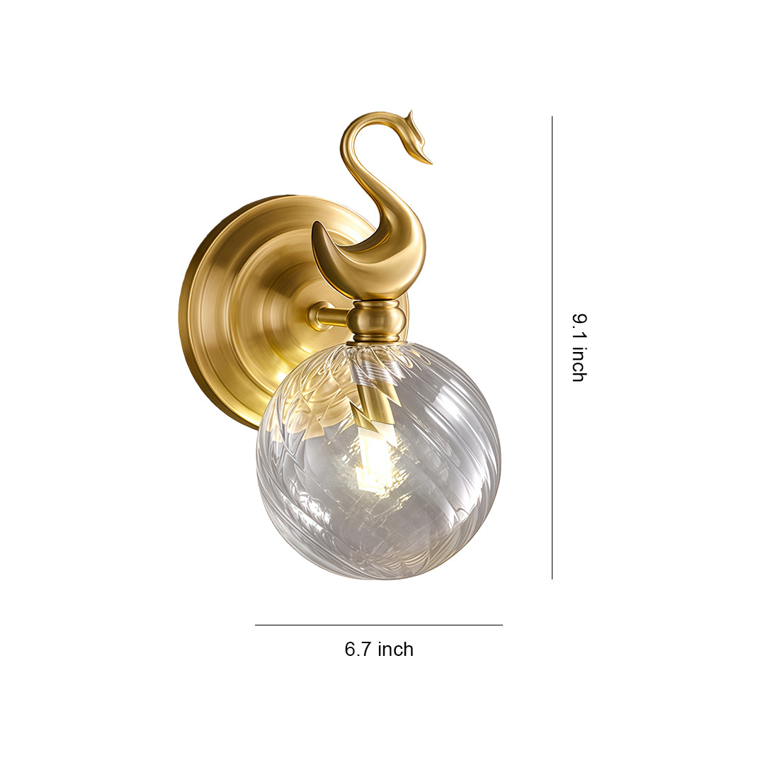 Wall mounted LED light with glass shade chandelier inspired design featuring decorative elephant motif in gold with textured glass globe.