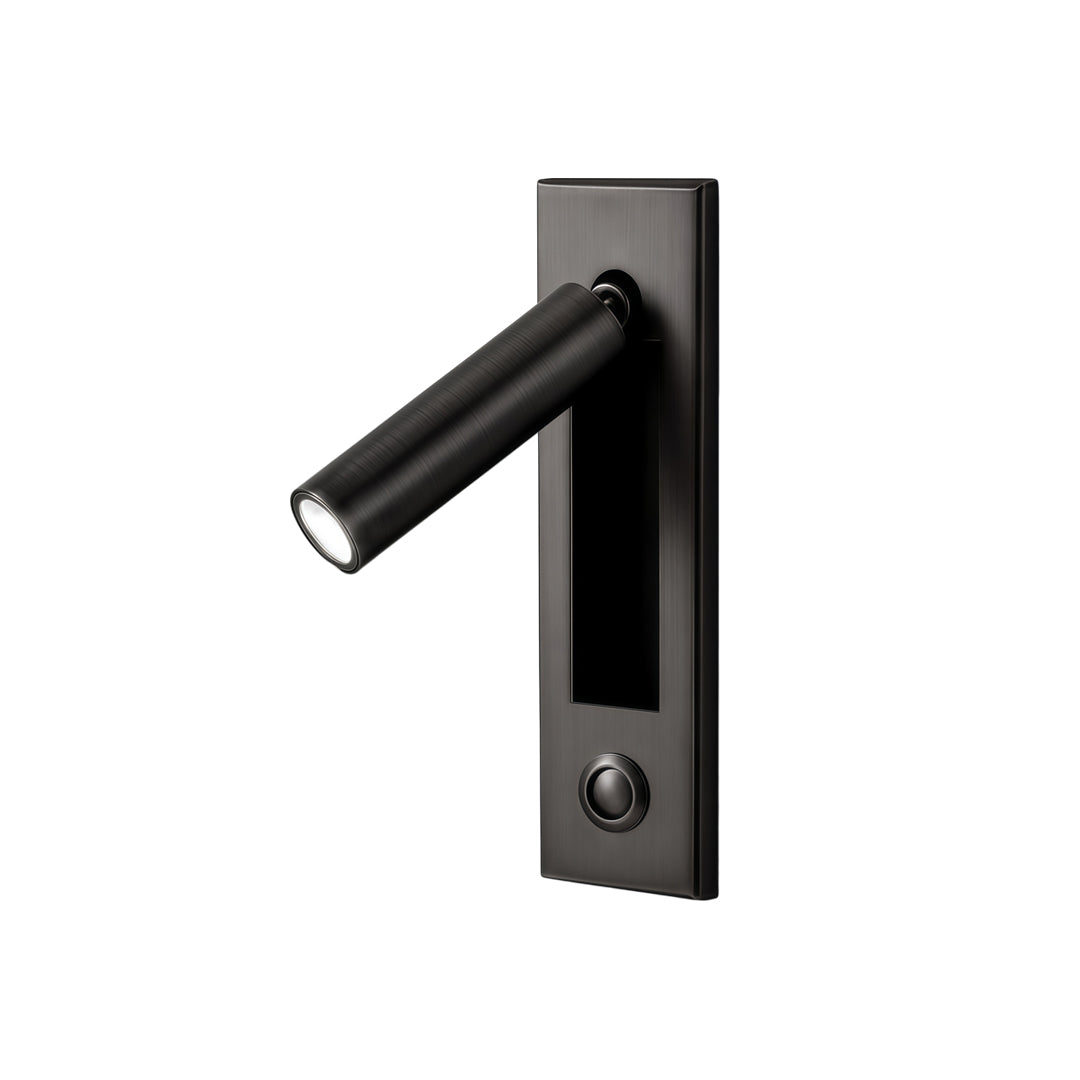 Minimalist black wall mounted LED lights featuring cylindrical spotlight and sleek vertical backplate.