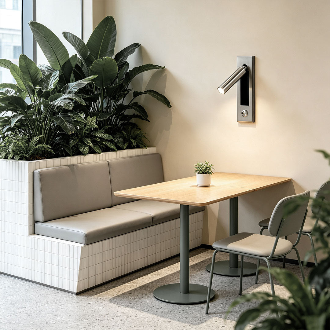 Stylish wall mounted LED lights installed in cozy cafe seating area with warm focused illumination.