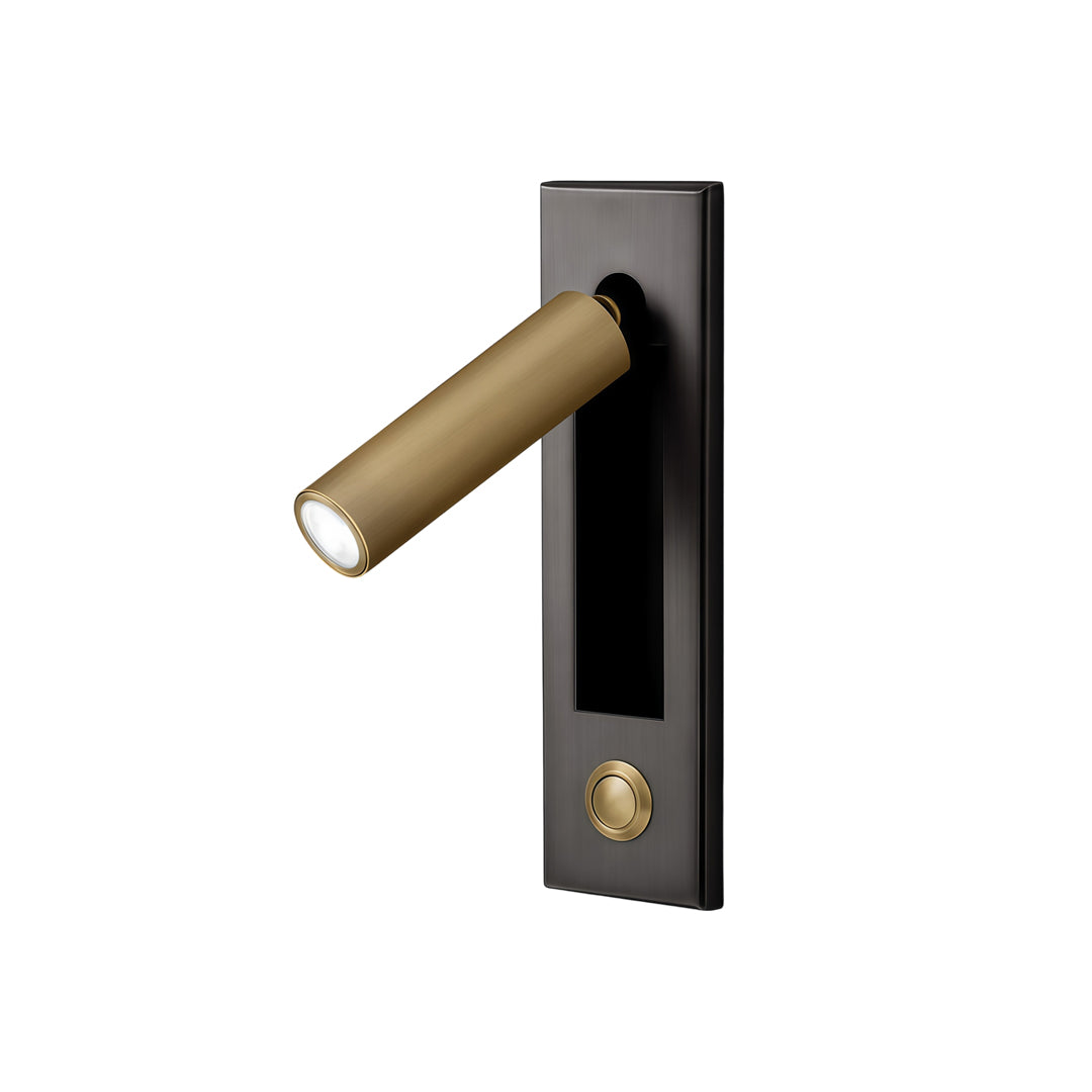 Modern gold wall mounted LED lights with slim rectangular backplate and adjustable spotlight head.