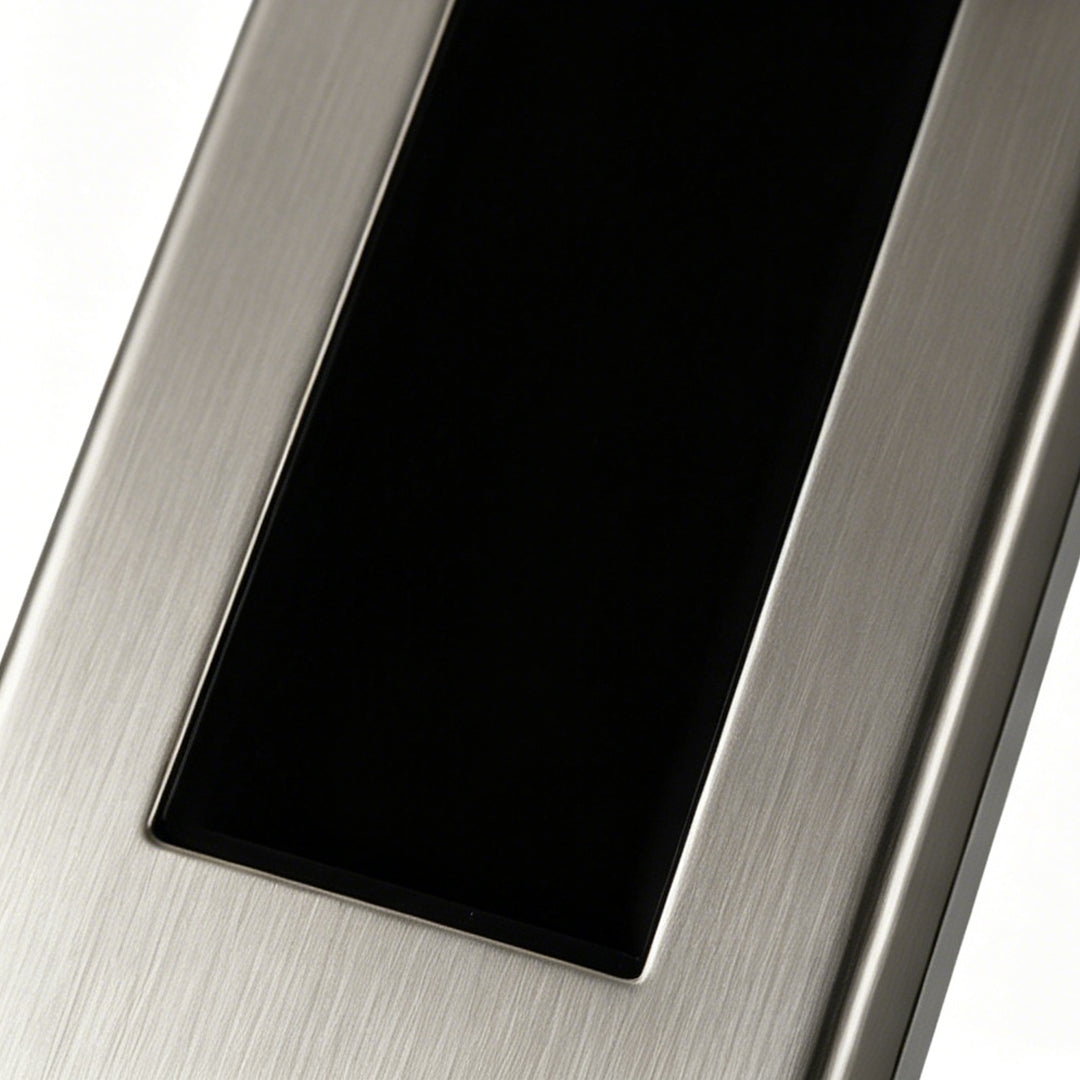 Close-up detail of wall mounted LED lights with brushed metal finish and integrated push button switch.