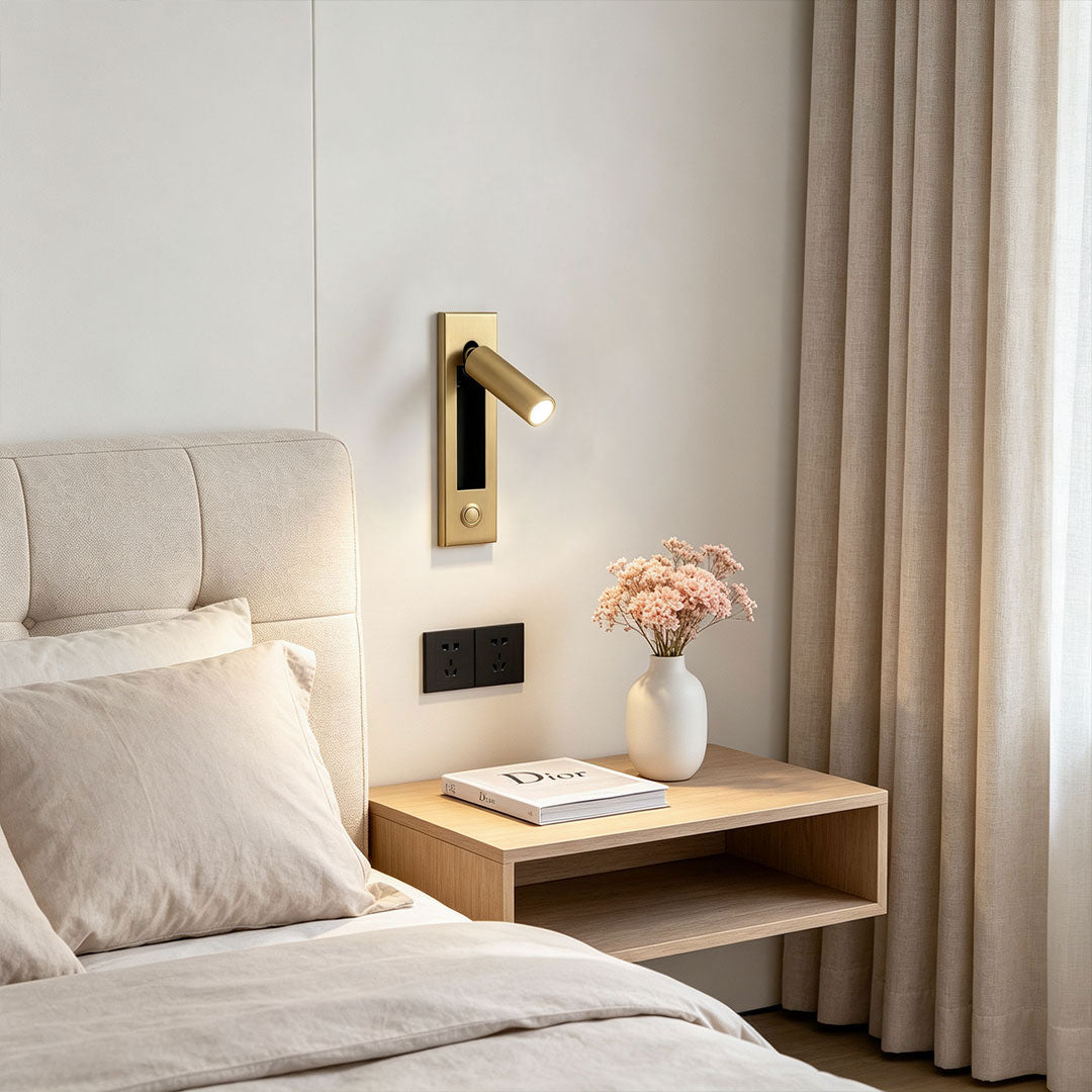 Modern wall mounted LED lights installed beside bed with warm focused reading illumination and wood accents.