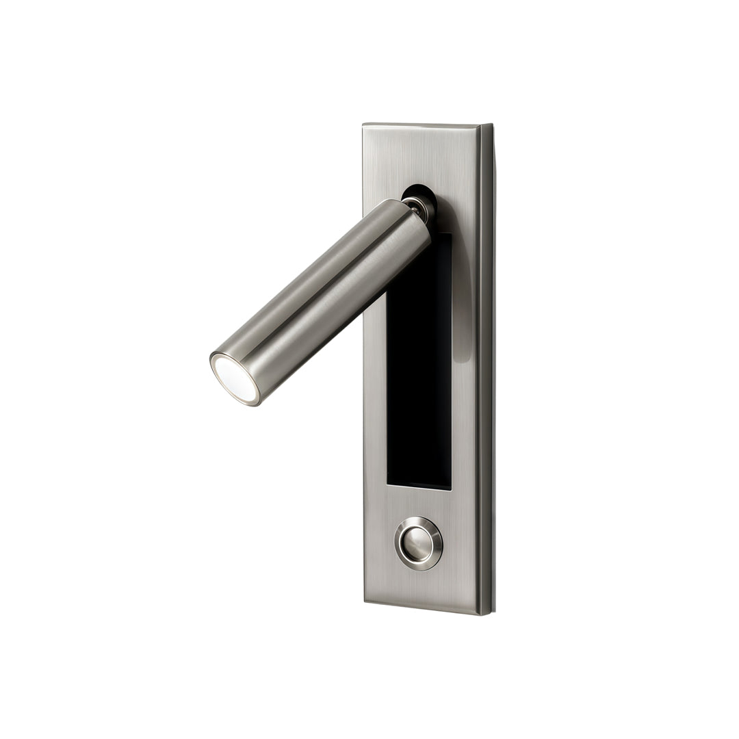 Silver wall mounted LED lights with brushed metallic finish and adjustable cylindrical reading spotlight.