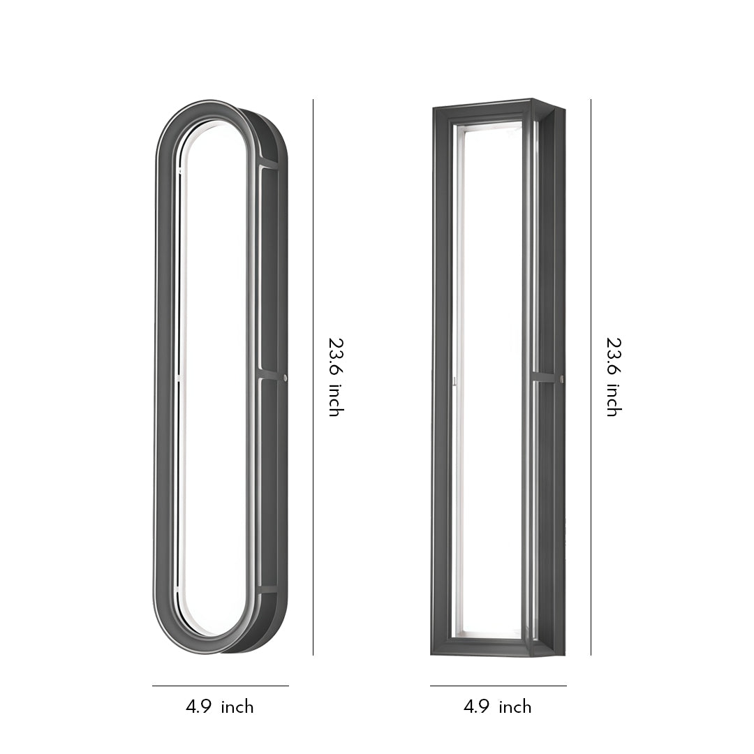 Contemporary outdoor wall lighting linear fixtures in two sizes with rounded rectangular frames and black finish