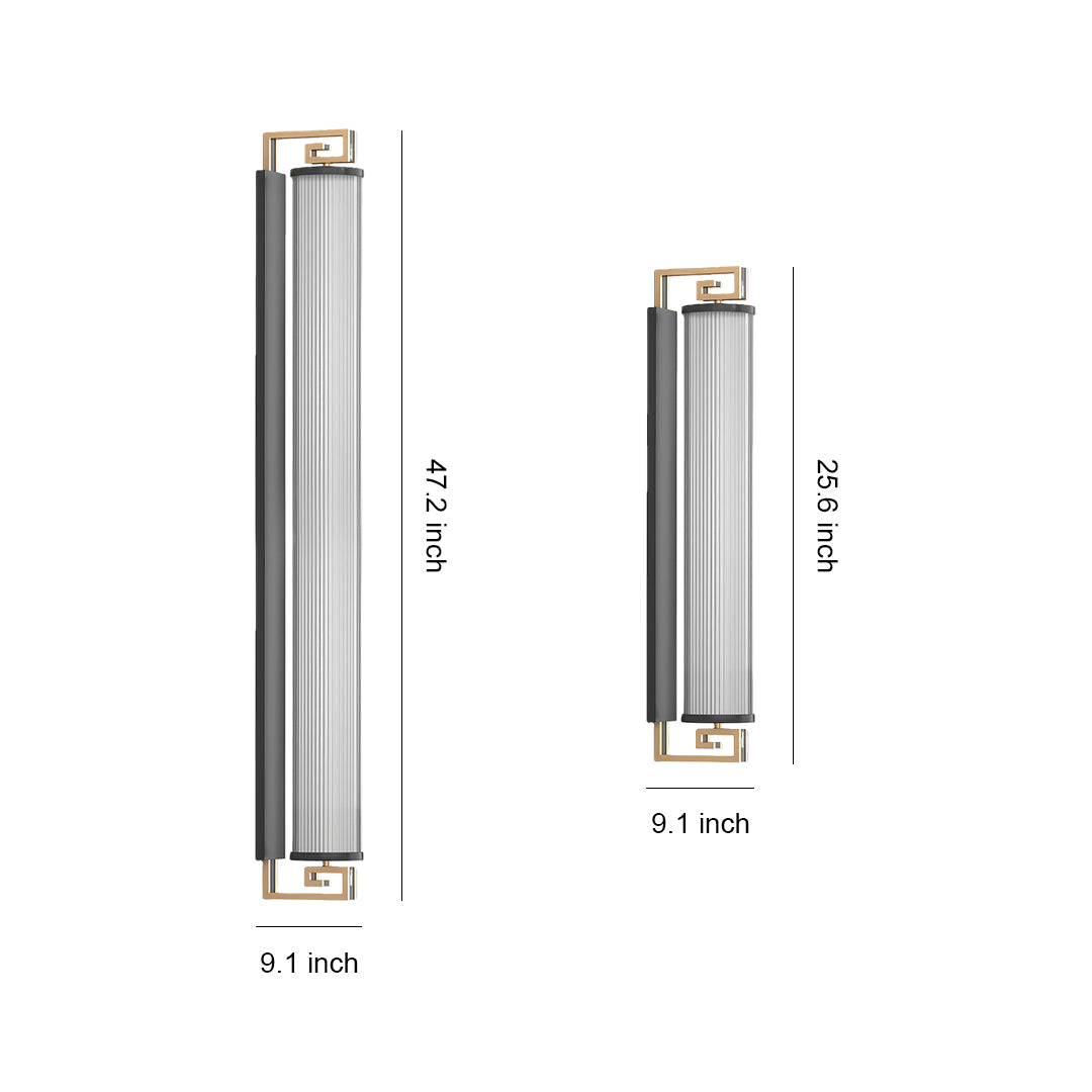 Wall mounted linear lighting with glass shade chandelier inspired design showing two sizes in vertical tube form with metal end caps.