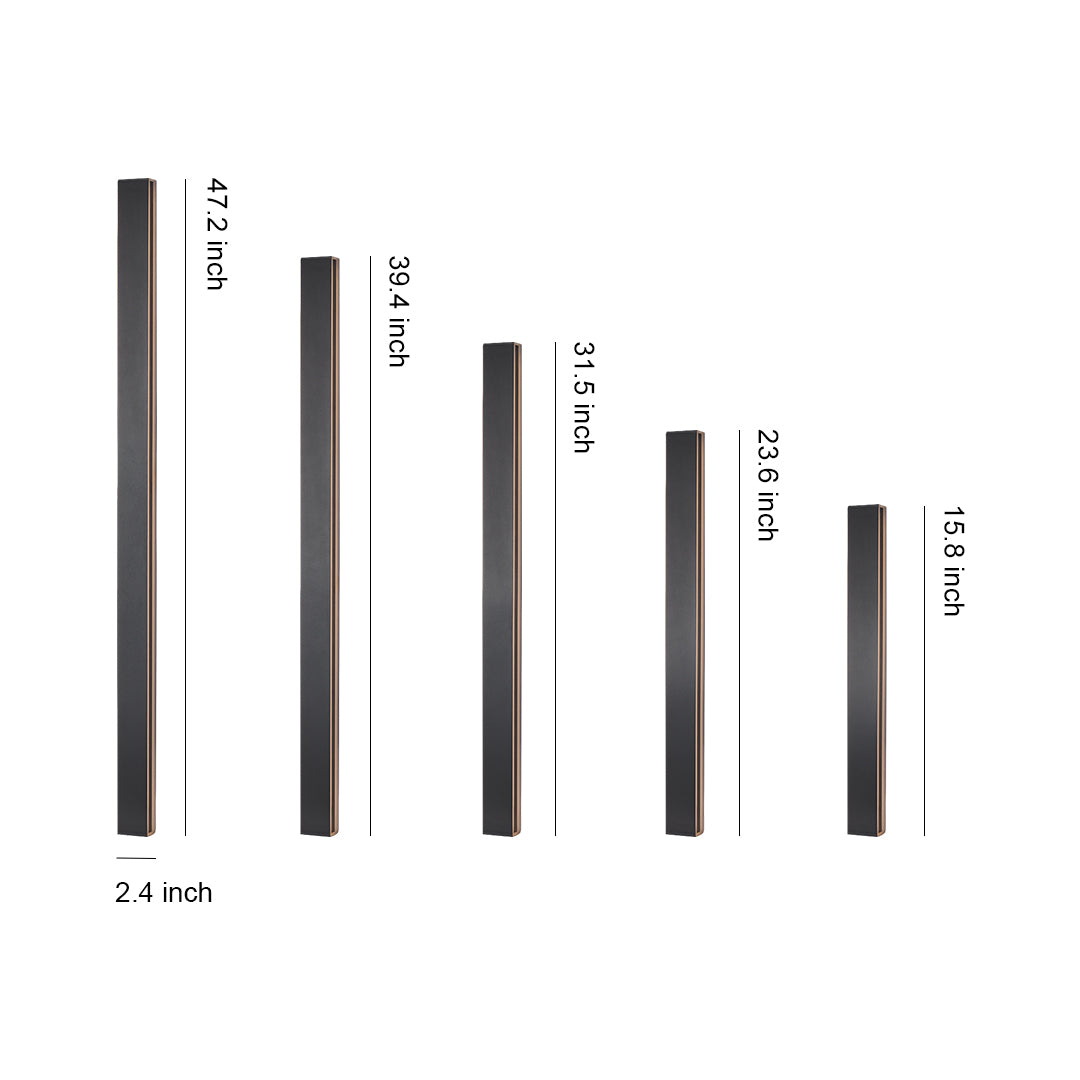 Wall mounted linear lights in five different sizes displayed with measurements, featuring sleek black finish and vertical orientation