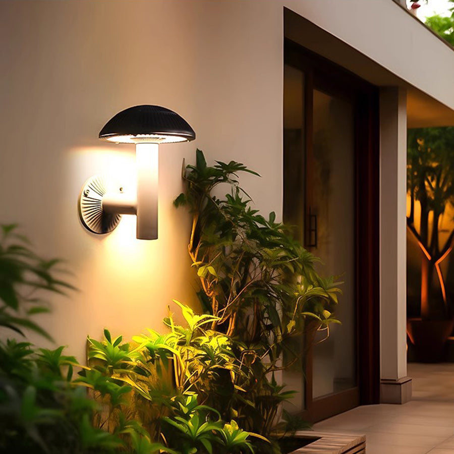 Wall-mounted outdoor light with mushroom shade providing accent lighting for modern architecture